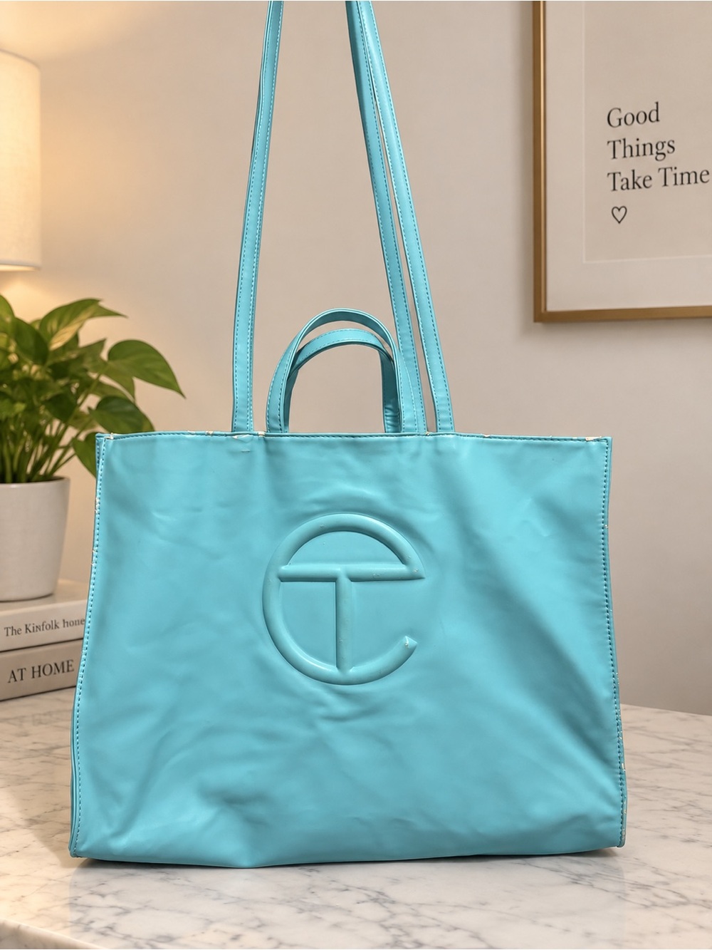 Tory Burch Aqua Leather Embossed Logo Tote